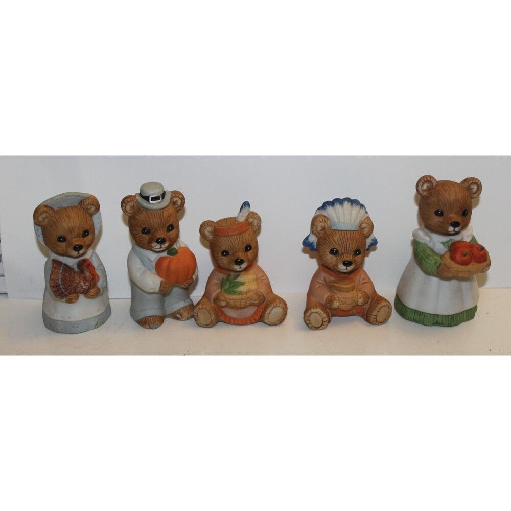 HOMCO Thanksgiving Fall Teddy Bear Figurines Lot of 5 Ceramic